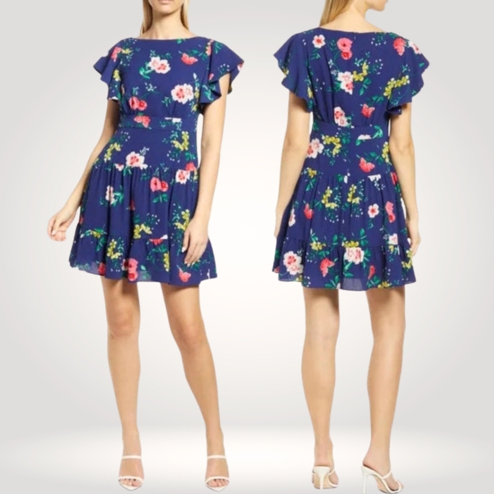 NEW Eliza J Womens Blue/Navy Floral Print Flutter Sleeve A-Line Mini Dress Sz 4